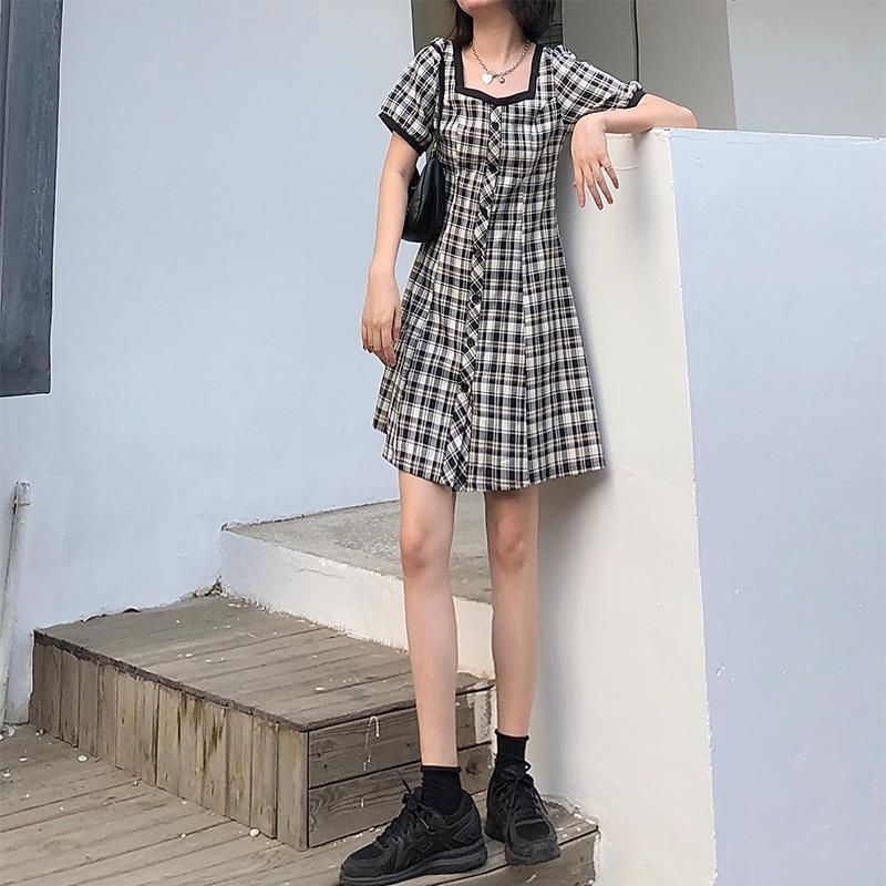 Váy Nữ New Korean Dress Square Collar A-line Short Sleeve Dress