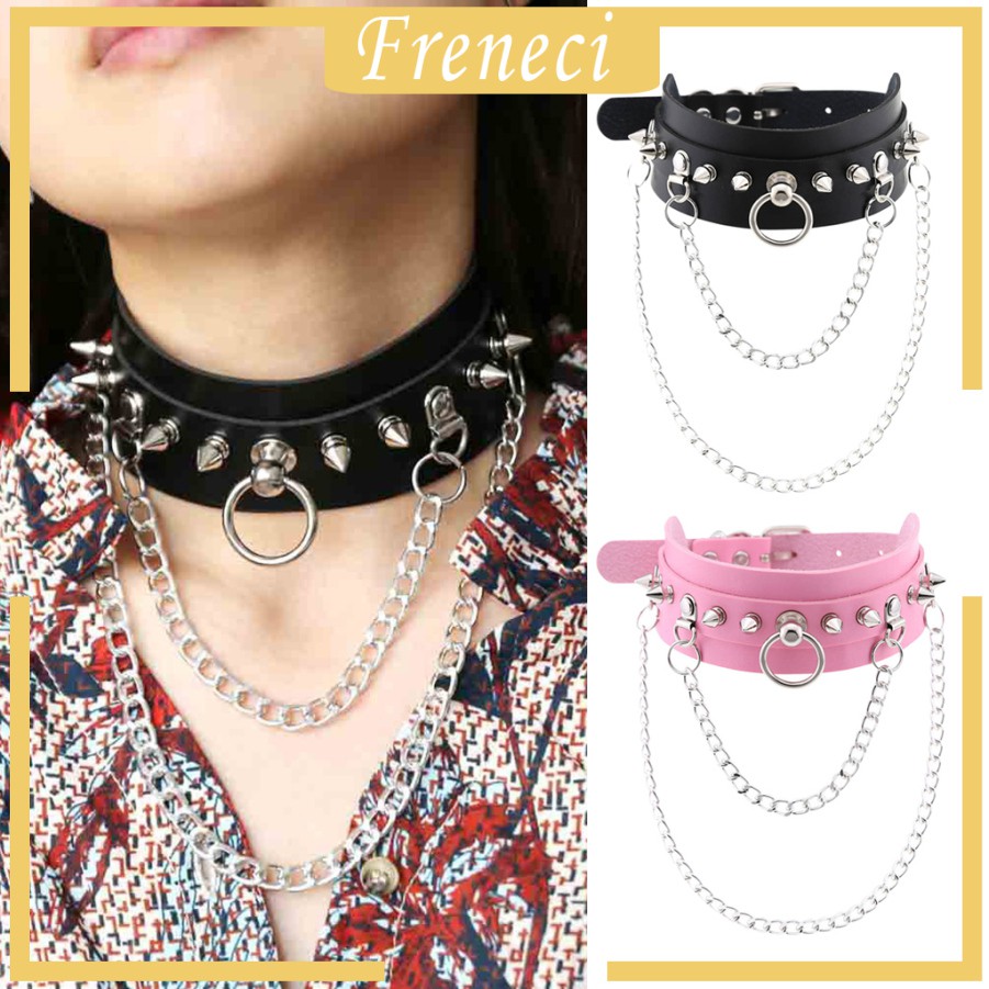 Vòng Cổ Choker Da Đính Đinh Tán Kim Loại Màu Hồng Phong Cách Gothic Có Thể Điều Chỉnh