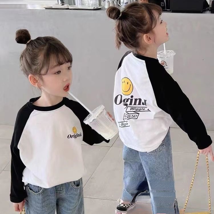 Áo Thun Tay Dài In Hình Mặt Cười Màu Sắc Tương Phản Phong Cách Hàn