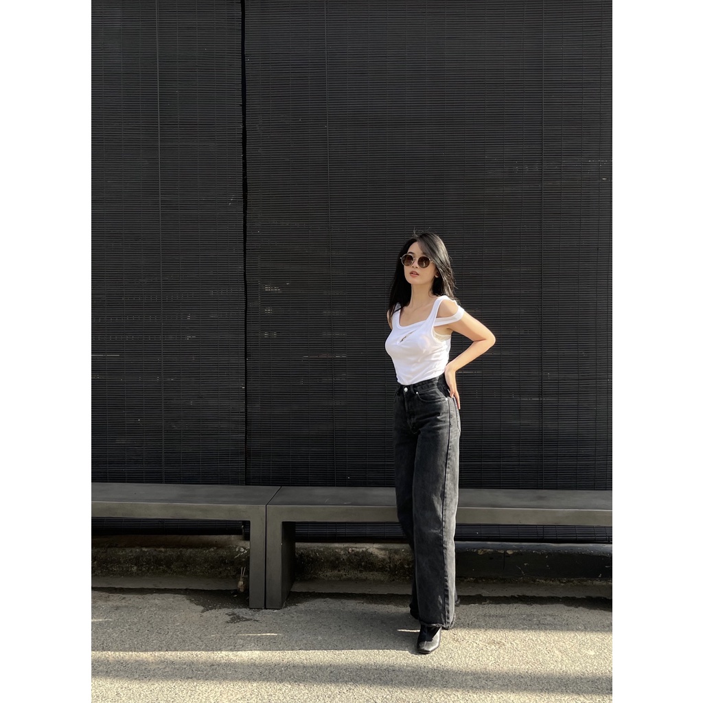 TheBlueTshirt - Áo Thun Nữ Màu Trắng Đan Chéo Cầu Vai - Cross Over Rib Tank - White