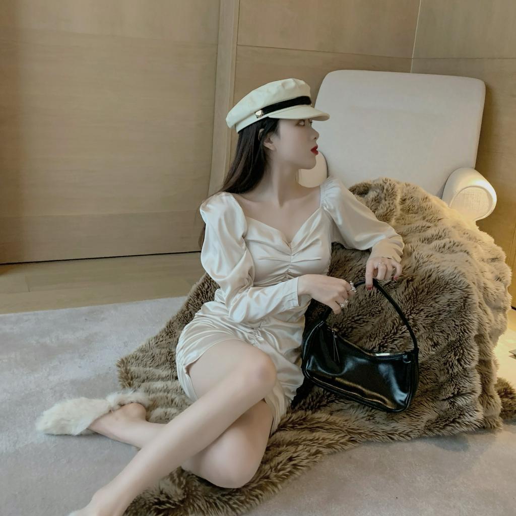 IELGY Đầm dài tay phong cách retro quyến rũ sang trọng cho nữ