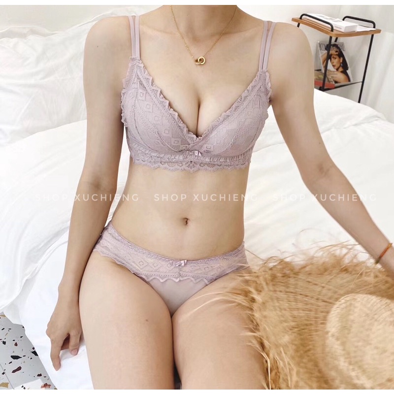 Bộ đồ lót ren không gọng đệm dày 4cm, áo lót định hình cao cấp cho người ngực lép F978