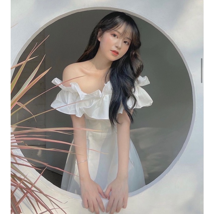 ĐẦM-VÁY TRẮNG TRỄ VAI BÈO CÔNG CHÚA ULZZANG chụp kỷ yếu