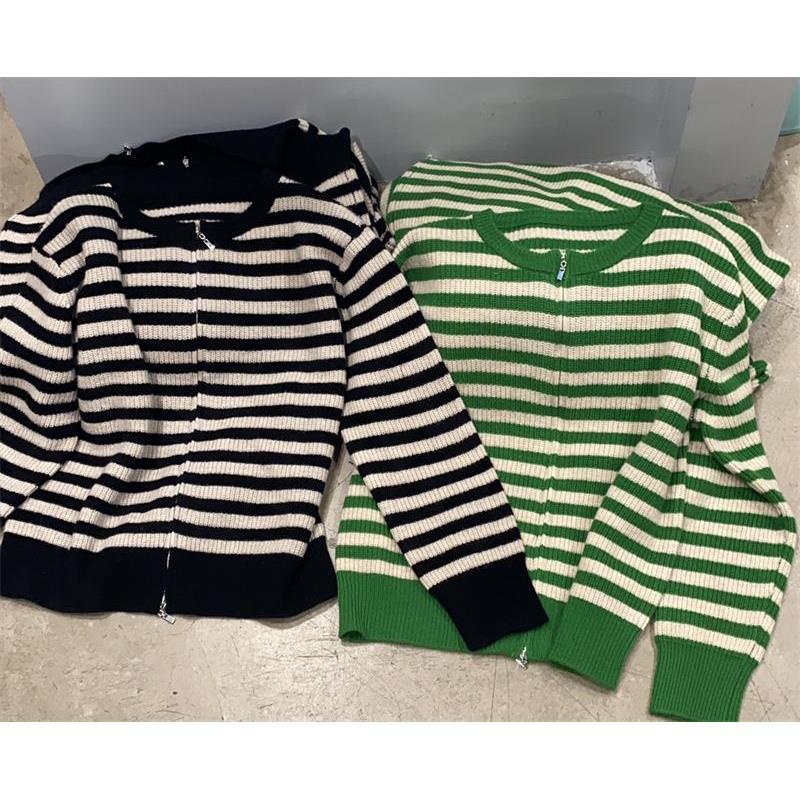 2022 Áo cardigan dệt kim dài tay thời trang Hàn Quốc với sọc xanh và dây kéo