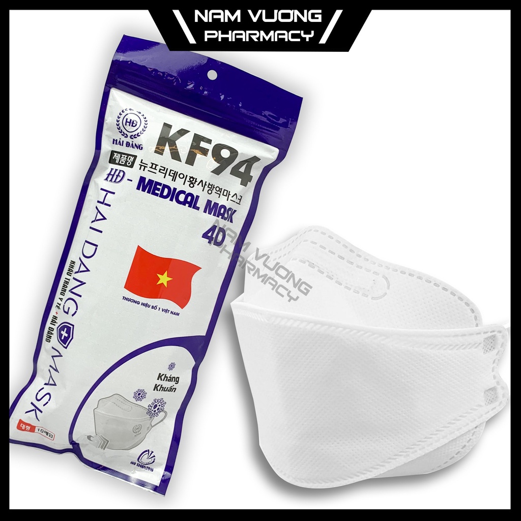 Khẩu trang 4D KF94 Hải Đăng chống nước, kháng khuẩn, chống bụi mịn xâm nhập vào đường hô hấp - 1 túi 10c