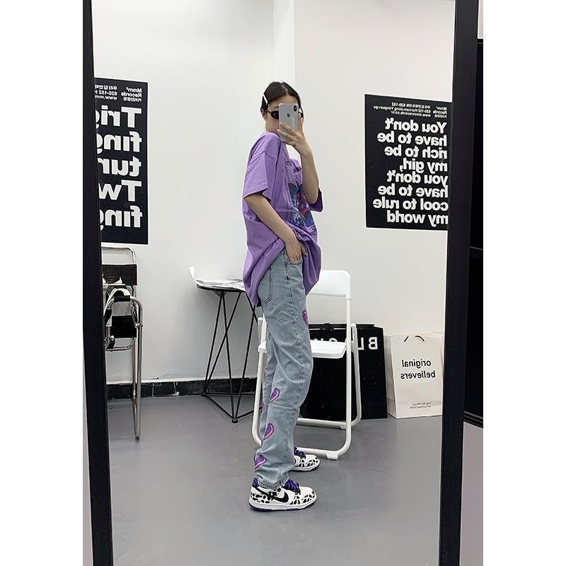 Bán Chạy!Quần Jean Ống Rộng Dáng Suông In Họa Tiết Hoa / Trái Tim Màu Xanh Dương Nhạt Phong Cách Âu Mỹ Thời Trang Cho Nam Và Nữ