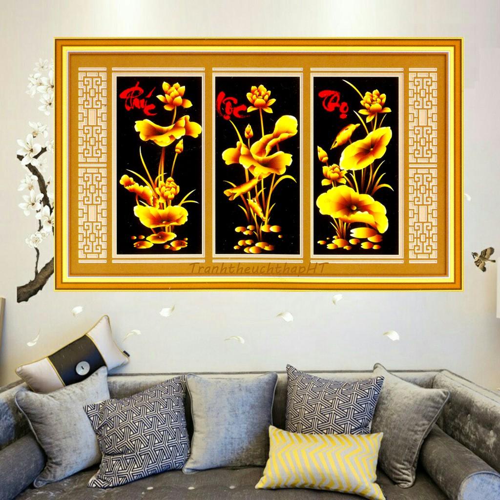 Tranh thêu chữ thập Phúc lộc thọ KT:102x60cm,tranh chưa thêu,tặng kéo và xỏ chỉ.