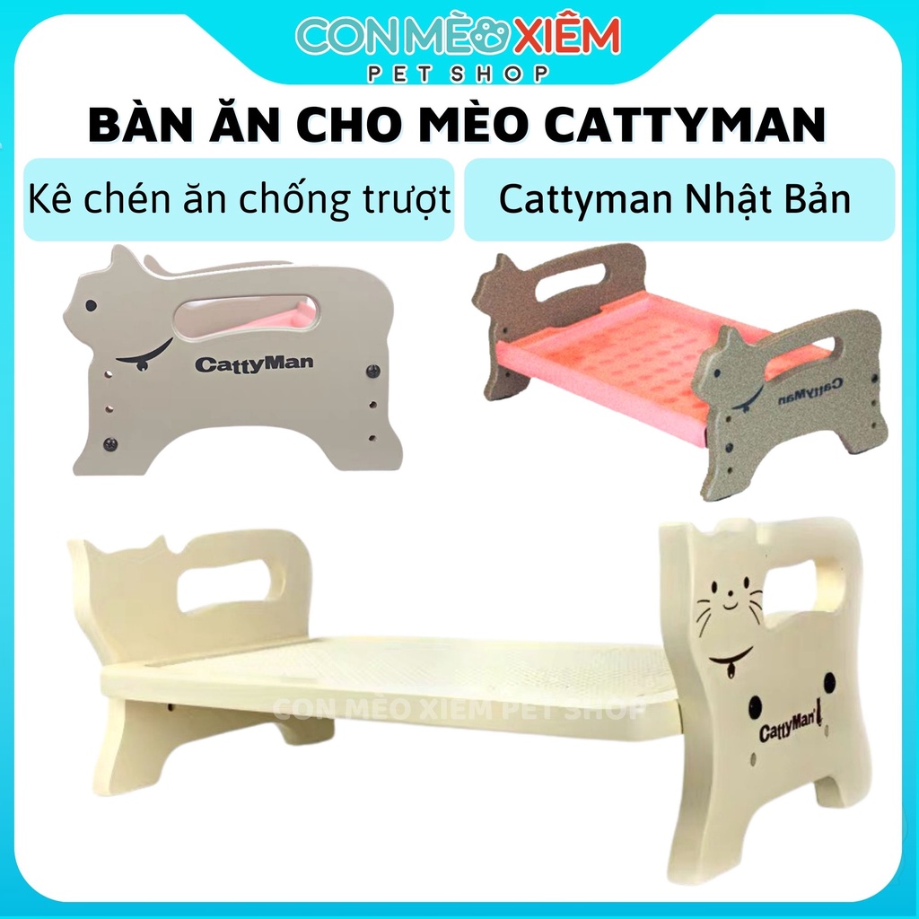 Bàn ăn cho mèo Cattyman nhật bản kê cao nghiêng chống gù nhựa gỗ, phụ kiện thú cưng Con Mèo Xiêm