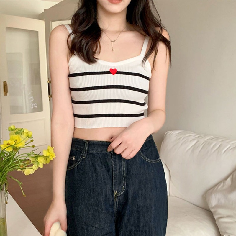 Áo Croptop Dệt Kim Cổ Chữ V Thêu Họa Tiết Trái Tim Thời Trang Cho Nữ