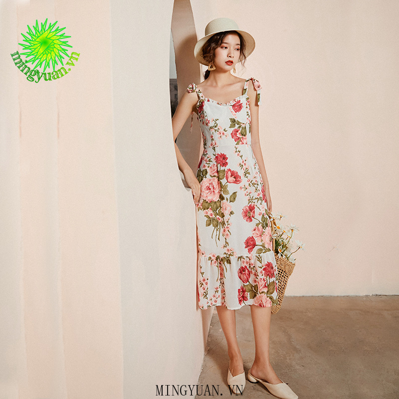 ( Mingyuan ) New retro high waist long over-the-knee ruffled sling dress