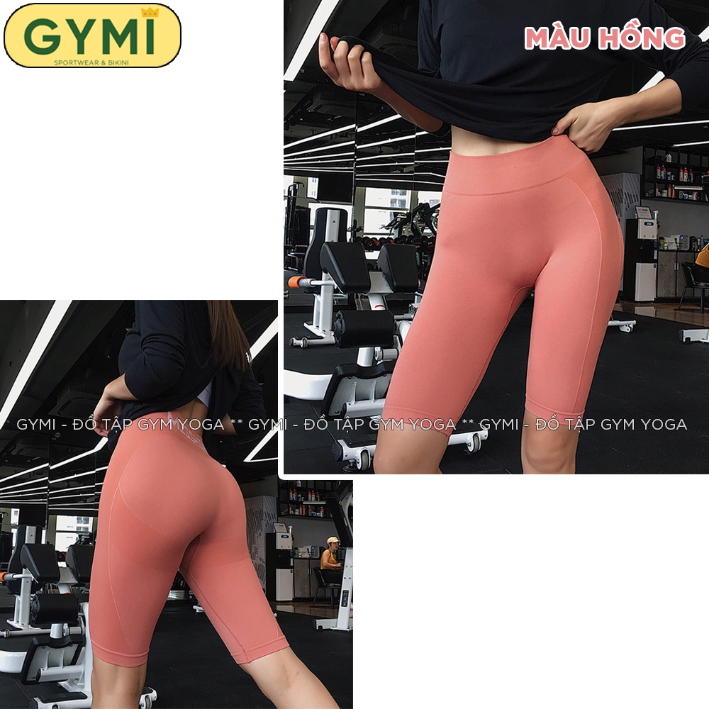Quần tập gym yoga nữ GYMI QL02 dáng ngố lửng biker thể thao chất dệt co giãn logo Misshine cạp cao