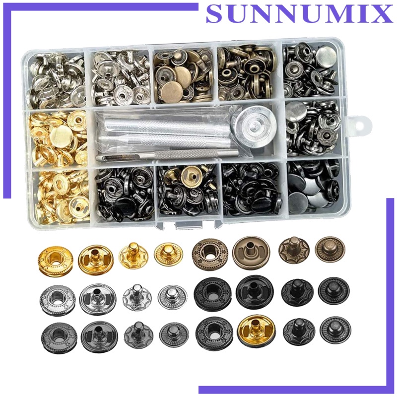 [SUNNIMIX] 1Set Snap Fastener Kit, Press Studs Snap Fasteners Clothing Snaps Button with 4 Pcs Installation Tools for Bags, Jeans, Clothes, Fabric, Leather Craft