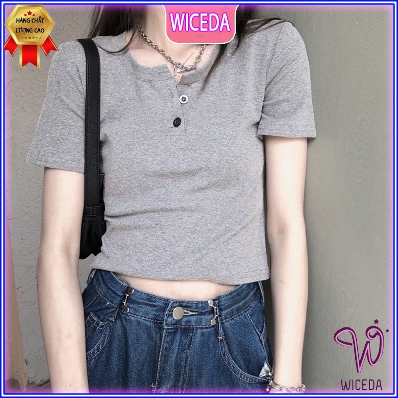 Áo croptop cổ v tay ngắn đẹp,áo thun cộc tay xinh chất 100% cotton cúc thật 4 màu đen trắng hồng ghi Wiceda AV301