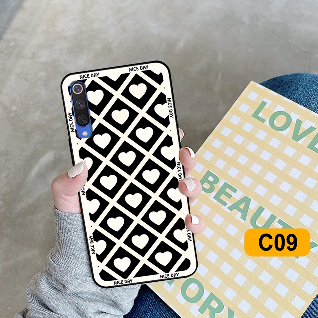 Ốp lưng Xiaomi Mi 9 - Mi 9 SE in hoạ tiết caro trái tim đen trắng, gấu bear cute đáng yêu