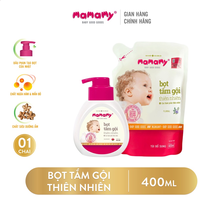 [MUA 1 CHAI TẶNG 1 TÚI] Bọt tắm gội thiên nhiên Mamamy (400ml) tặng kèm túi bổ sung( 400ml)