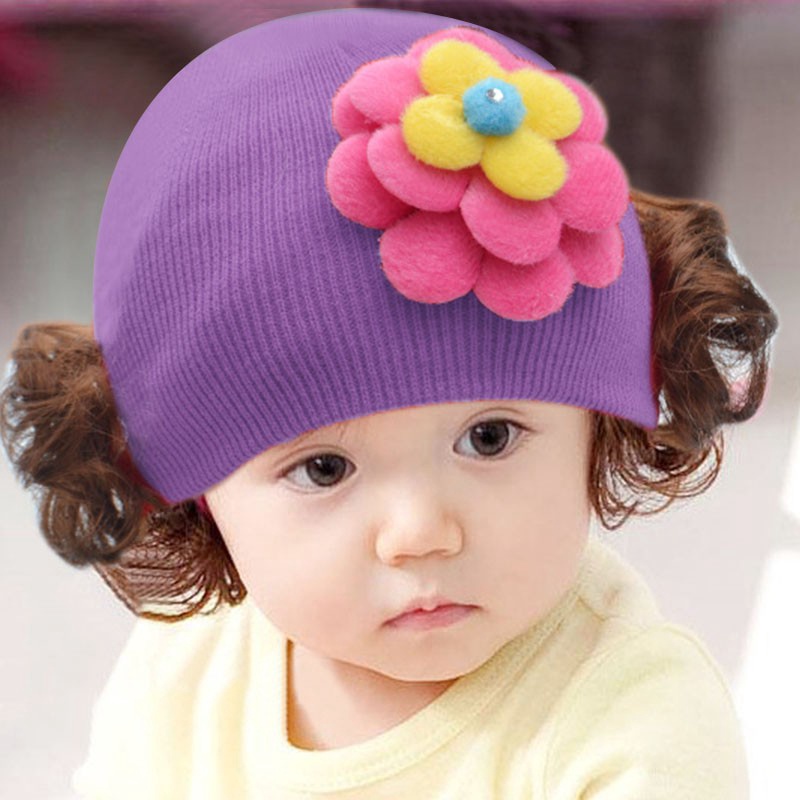 Mũ dệt kim giữ ấm trang trí tóc giả kiểu dáng thời trang mùa đông cho bé gái