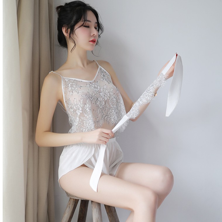 Set đồ ngủ Cao cấp Lụa mix ren Trắng Tinh khôi L356 | BigBuy360 - bigbuy360.vn