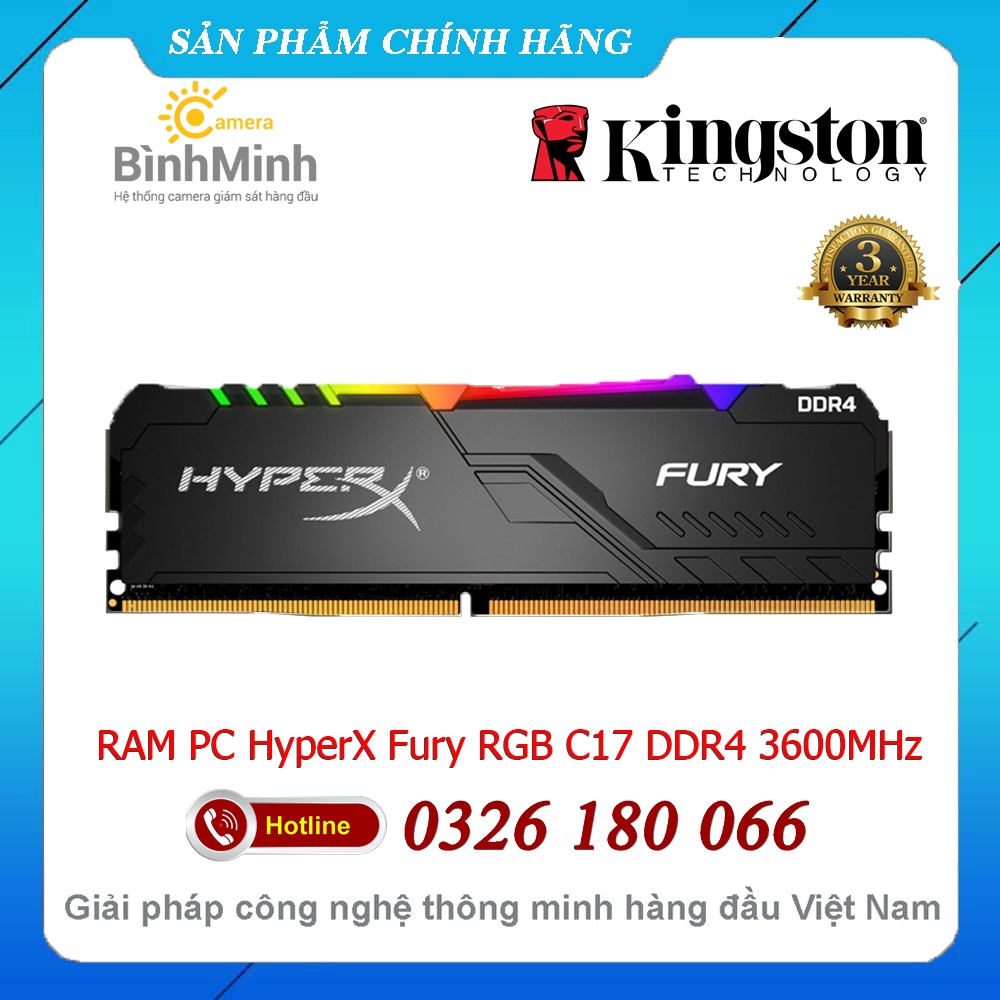 RAM PC 16GB / 32GB Kingston DDR4 Bus 3600MHz HyperX Fury RGB C17 (Bộ KIT 2 Thanh)