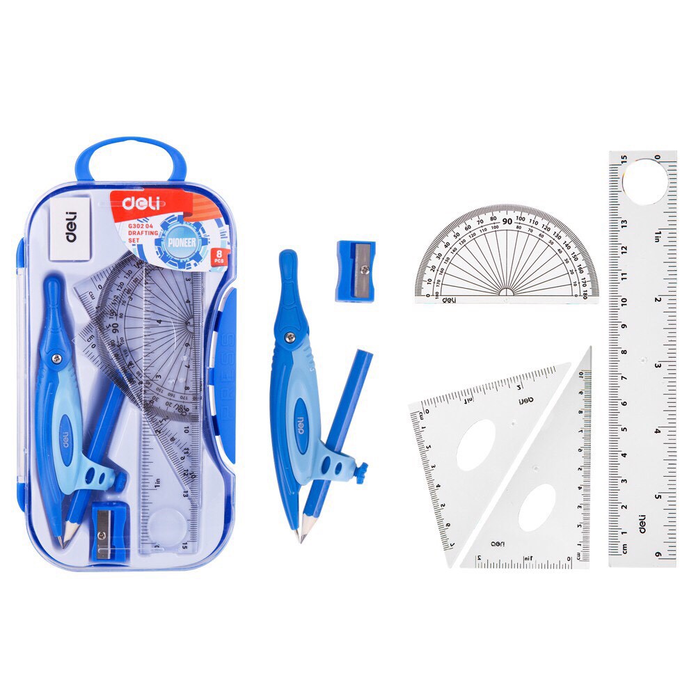 Bộ dụng cụ học sinh 8pcs Deli G30204 - Thước kẻ, compa, eke, đo độ, tẩy, gọt chì
