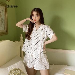 Set Đồ Bộ Ngắn Tay In Họa Tiết Trái Tim Xinh Xắn Dành Cho Nữ
