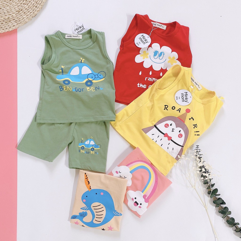 Bộ Ba Lỗ Cotton Hàng Minky Mom In Họa Tiết Ô Tô, Chim Cánh Cụt Đáng Yêu Cho Bé 8-18kg