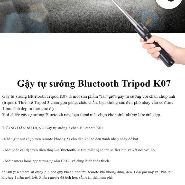 [Có Bảo Hành] Gậy Selfie Tripod Chụp Ảnh Tự Sướng có điều kiển Bluetooth K07