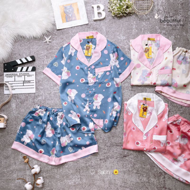 Bộ Pijama satin loại 1 đùi free size dưới 60kg