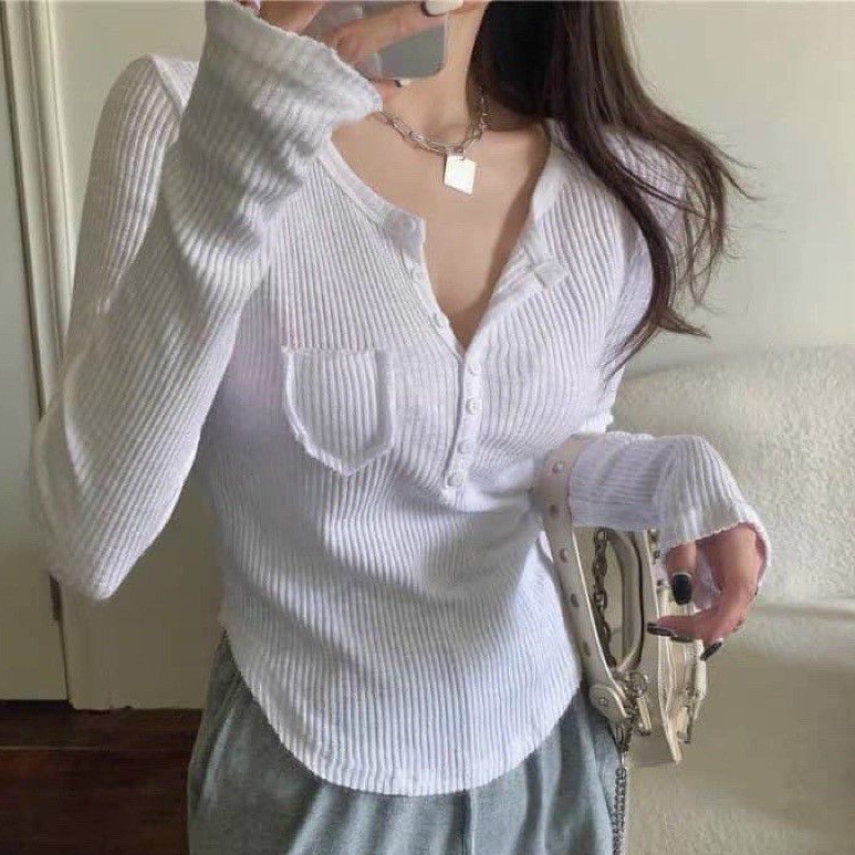 Áo kiểu  túi trước nút cài chất  Len gân NG alohashop91