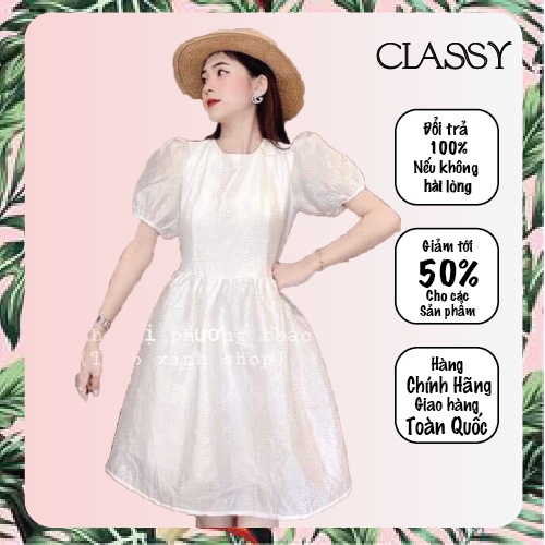 ☘ Váy trắng tay phồng nơ đen khoét lưng ☘ Classy ☘