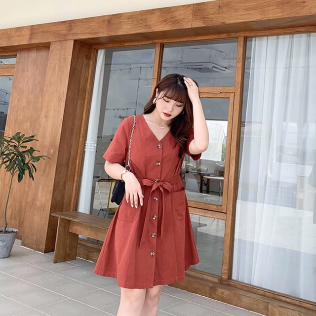 Đầm kaki xoè big size cổ tim thắt nơ size 65-100kg