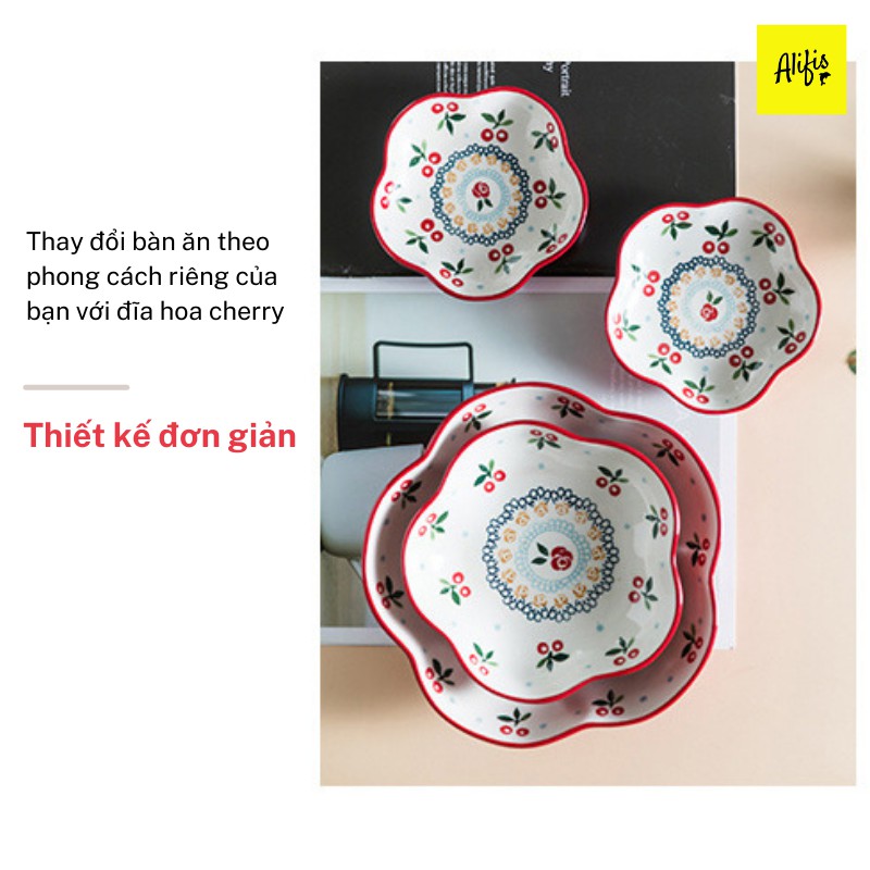 Đĩa sứ decor, tô salad trang trí họa tiết Cherry hình tròn, cách điệu cánh hoa, trái tim Alifis