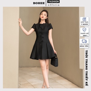 Váy đầm nữ dạo phố dáng xòe nhẹ chất tapta phối nơ kiểu BOHEE V70