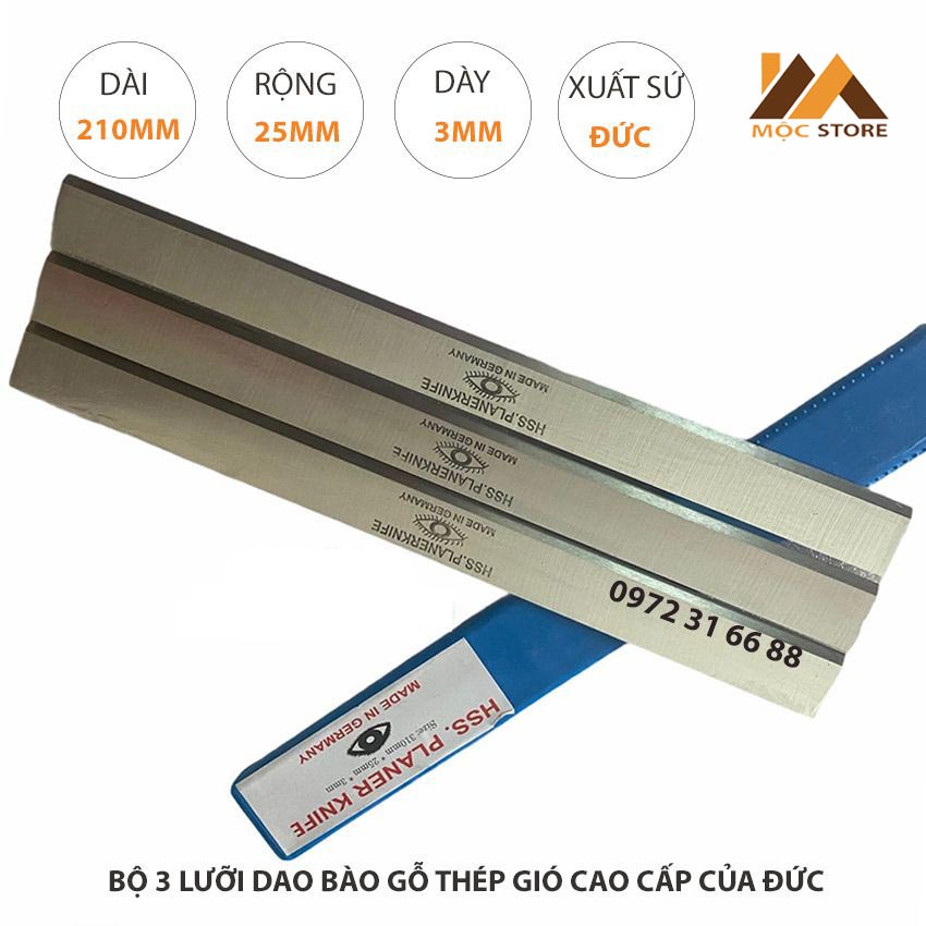 BỘ 3 LƯỠI DAO BÀO GỖ THÉP HSS CAO CẤP 210x25x3MM CỦA ĐỨC - LƯỠI DAO BÀO CON MẮT