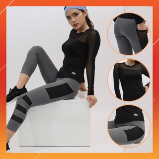 Đồ bộ tập Gym nữ, Yoga, Aerobic áo màu đen dài tay, quần lửng có túi đựng điện thoại hàng chính hãng NX