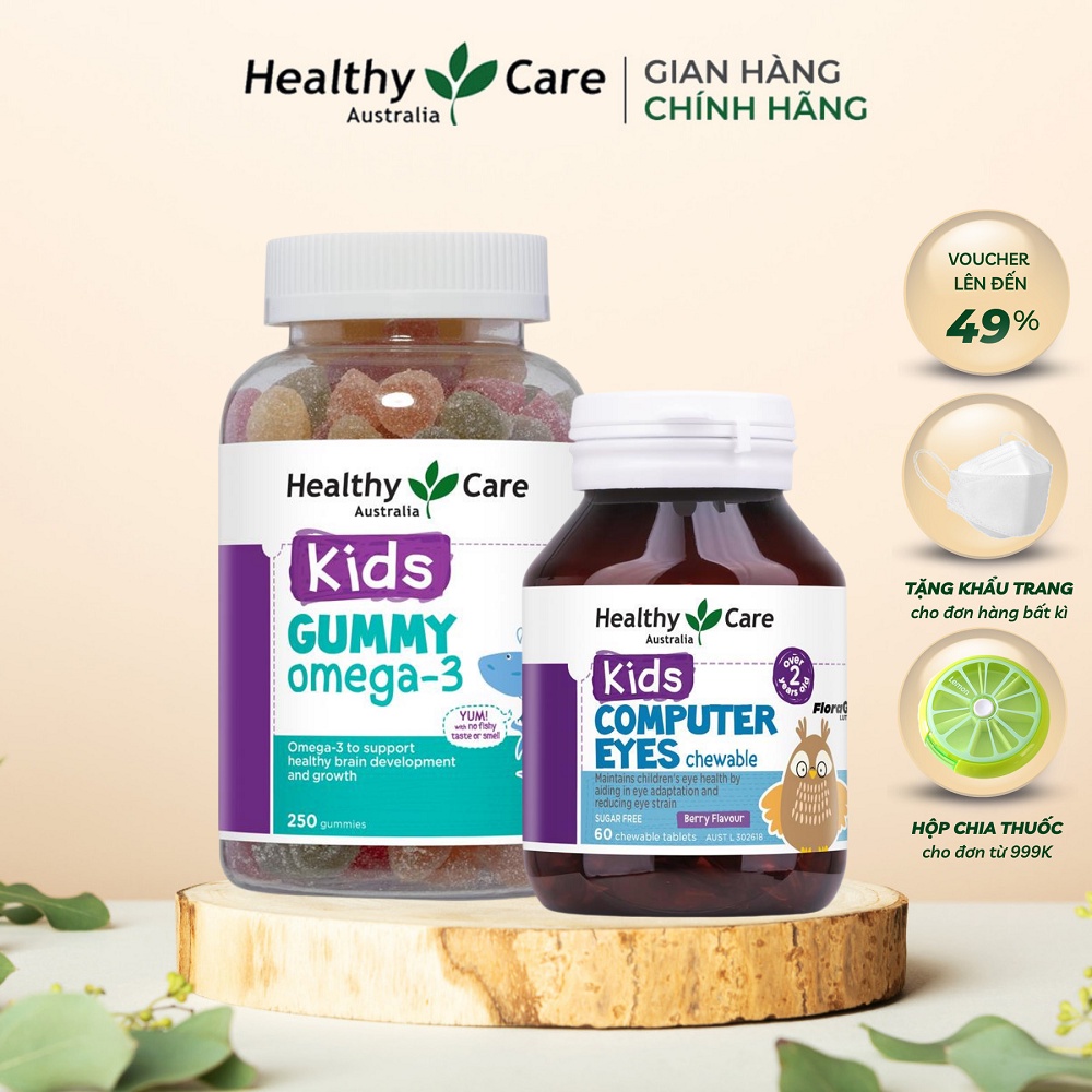 Combo Kẹo Dẻo GUMMY OMEGA 3 Healthy Care Kids và Viên nhai Computer Eyes giúp bổ mắt, tăng thị lực, phát triển trí não