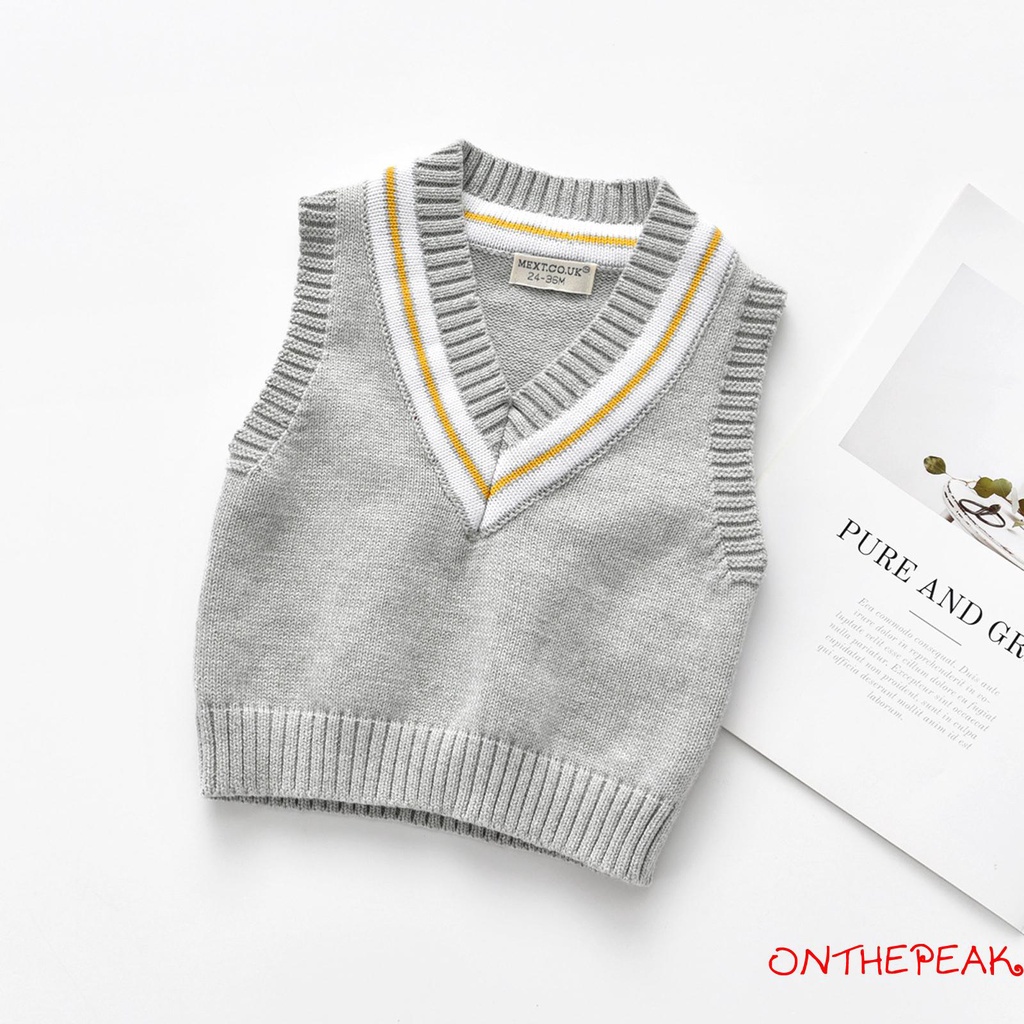 Áo len gile dệt kim mũi dày cổ V không tay có đường chỉ dưới eo cho trẻ em
