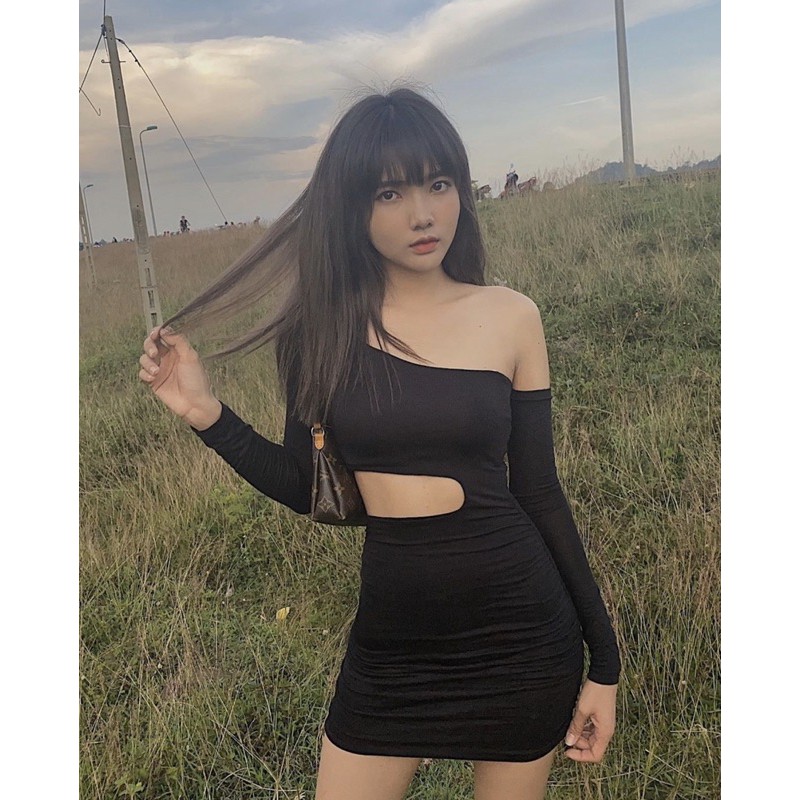 Đầm body nữ tay dài HHVINTAGE kiểu khoét eo thun thun co giãn Dress A86