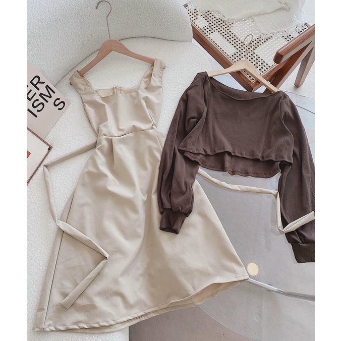 Set đầm 2 dây màu nude kèm khoác crop khoe dáng style tiểu thư nhẹ nhàng yêu kiều quý phái