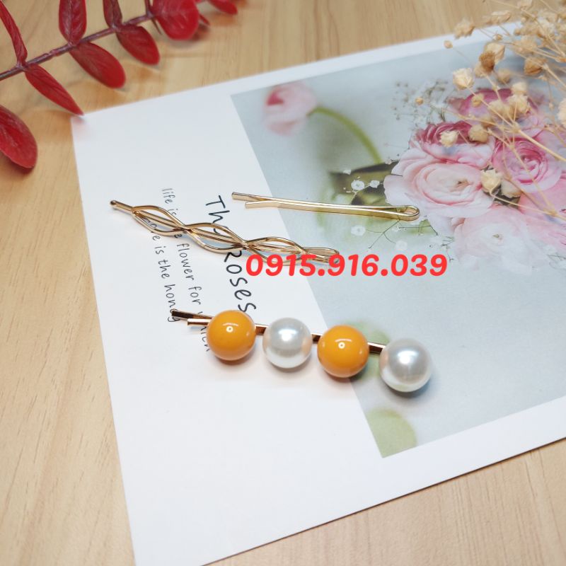Set 3 Kẹp Hạt Châu Sắc Màu, Kẹp Tóc Nữ, Kẹp Tóc Đính Đá