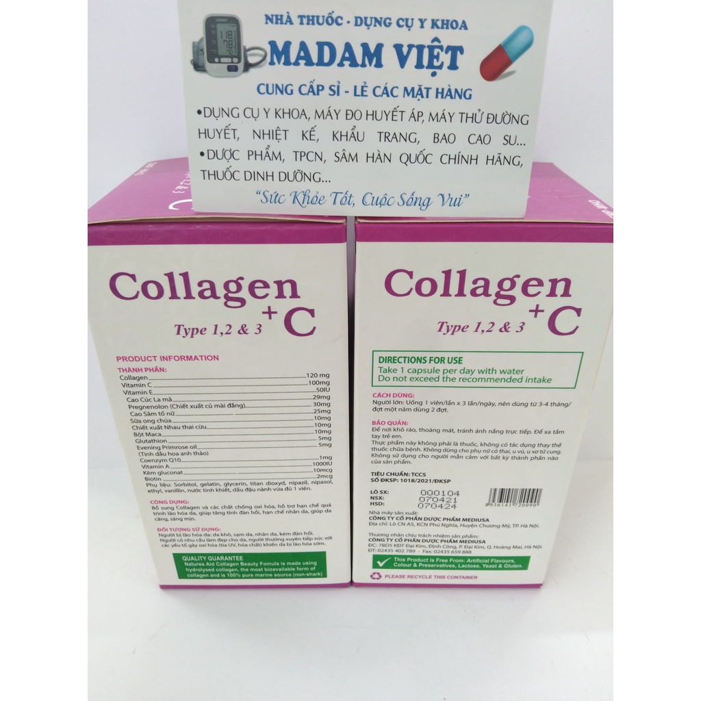 Collagen + C Type 1,2 & 3 giảm lão hóa làn da, giúp da trắng sáng căng mịn ( 60 viên )