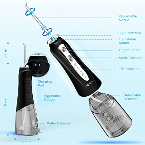 Máy tăm nước cầm tay h2ofloss hàng chính hãng. Tặng kèm túi đựng cầm tay, hộp đựng đầu tăm, 6 đầu vòi. Đổi mới 12 tháng.