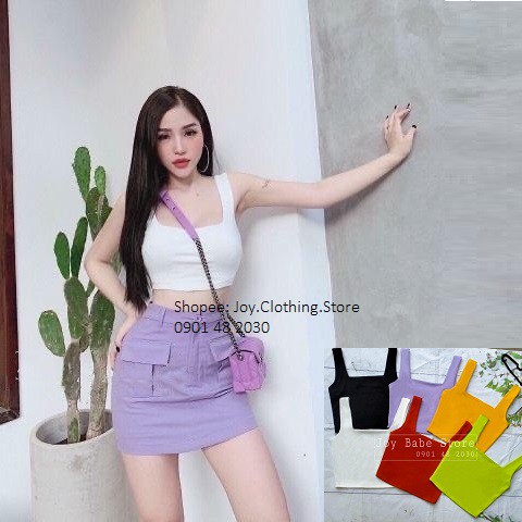 Áo croptop hai dây bản lớn JOY BABE cổ vuông basic ❤️ thun xịn ôm body tôn dáng  lót đen trắng trơn đơn giản CROH 6 -5F