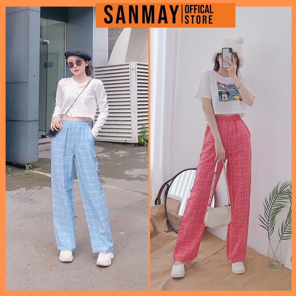 Quần Kẻ Sọc Caro Kẻ Nữ Ống Rộng Lưng Cao Quần Baggy Unisex Dáng Suông Form Dài Cạp Chun Đi Học Đẹp SANJOLI QD003
