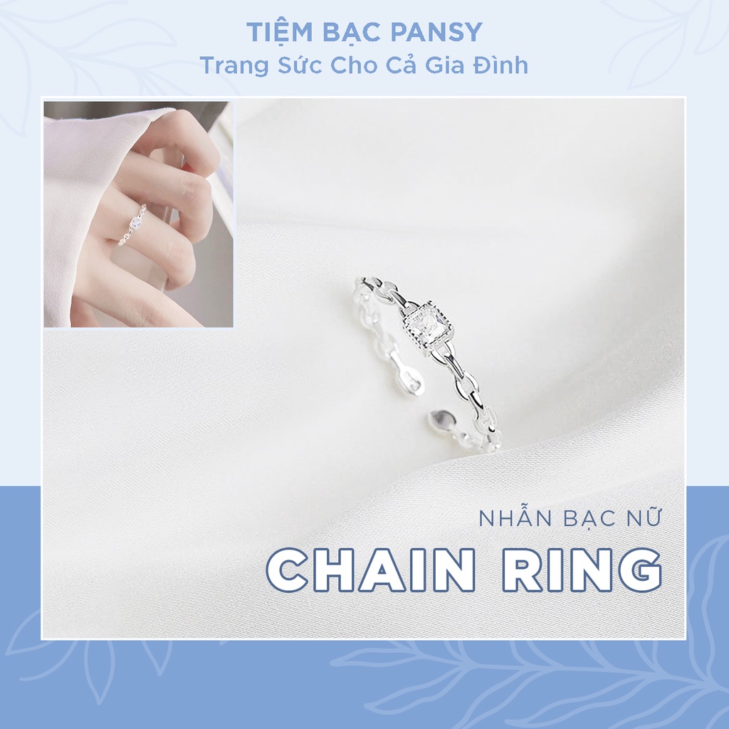 Nhẫn bạc nữ PANSY dạng dây xích hở freesize đính đá hình vuông, nhẫn xoắn bạc ta điều chỉnh được kích cỡ