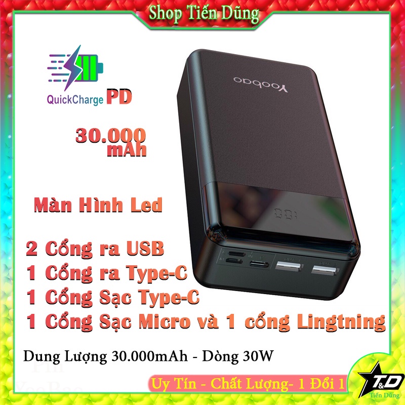sạc dự phòng 30.000mAh yoobao Công nghệ sạc nhanh 2 chiều PD3.0(PPS)18W; 3 cổng vào:micro- USB,Type-C