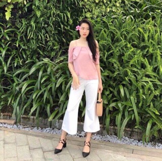 Set áo hồng quần loe trắng