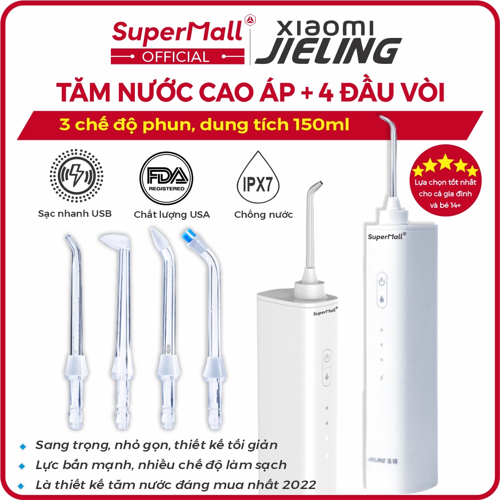 Xiaomi Jieling - Máy tăm nước cầm tay cao cấp 4 đầu vòi, chống nước IPX7