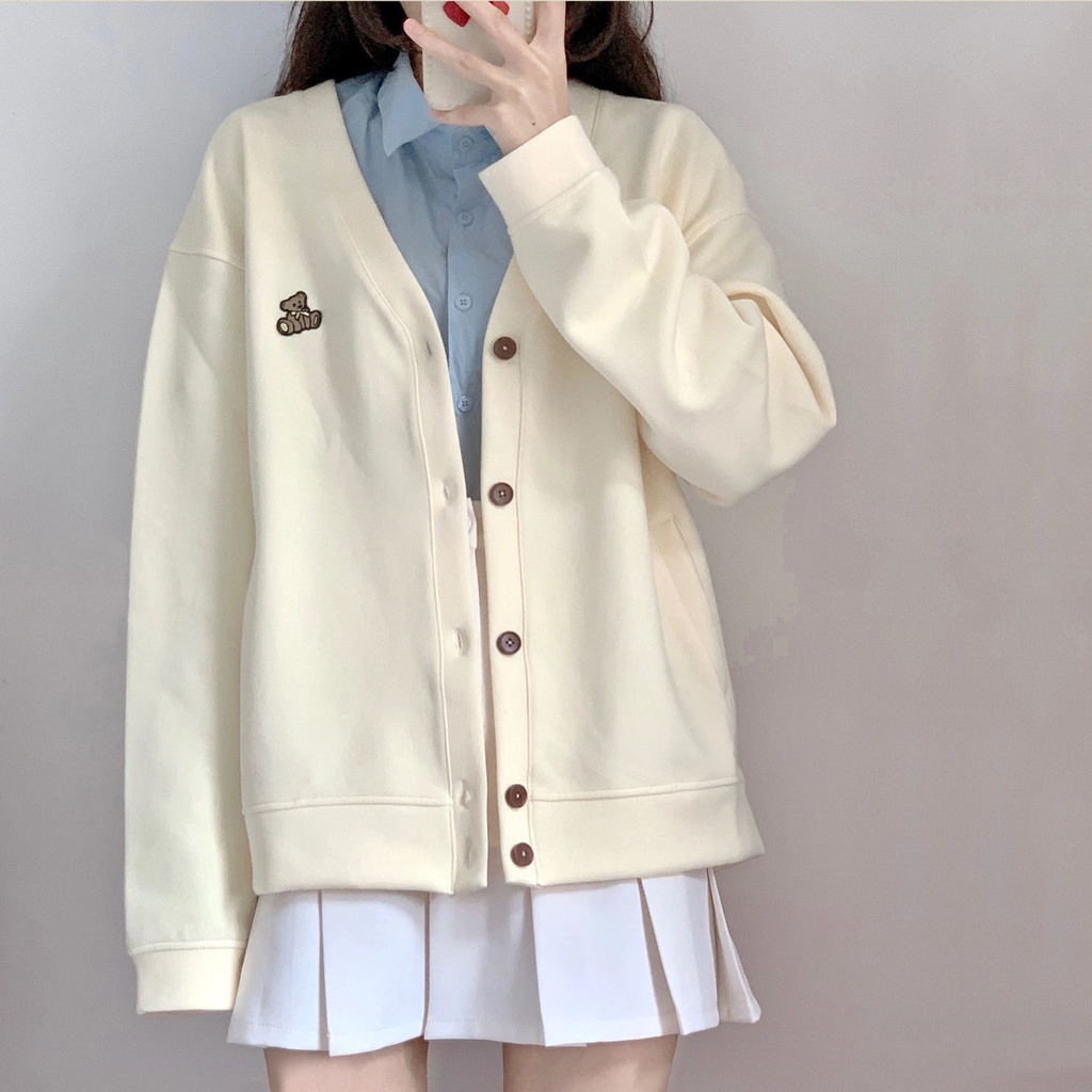 Áo khoác cardigan cổ chữ V thêu hình chú gấu phong cách Nhật cổ điển duyên dáng dành cho nữ