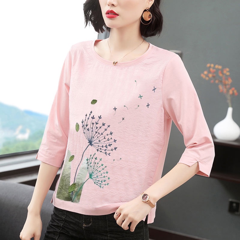 Áo thun tay dài dáng rộng cổ tròn cỡ lớn thời trang cho phụ nữ trung niên