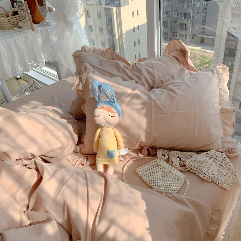 Bộ chăn ga gối Viền bèo Hàn quốc cotton tici, drap bánh bèo đáng yêu - Màu kem begie